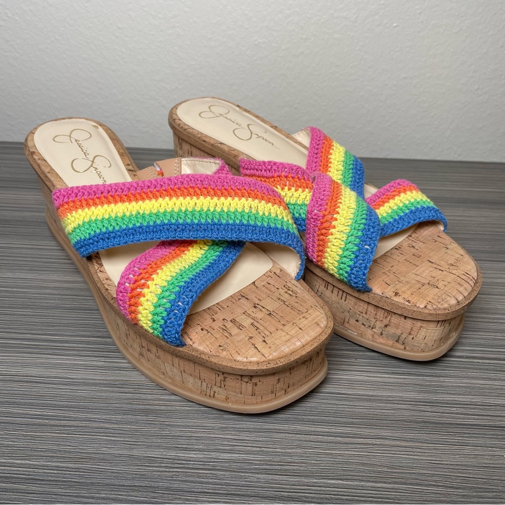 Jessica Simpson Size 10 Ediza Multicolor Rainbow Crochet Cork Wedge Sandals